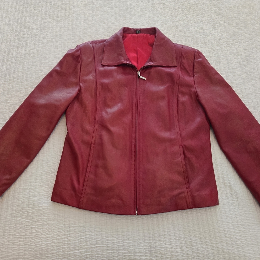 Women’s Red Genuine Leather Zip-Front Jacket